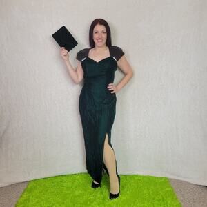 Vintage 80s Green Velvet Party Dress with Matching Clutch Purse